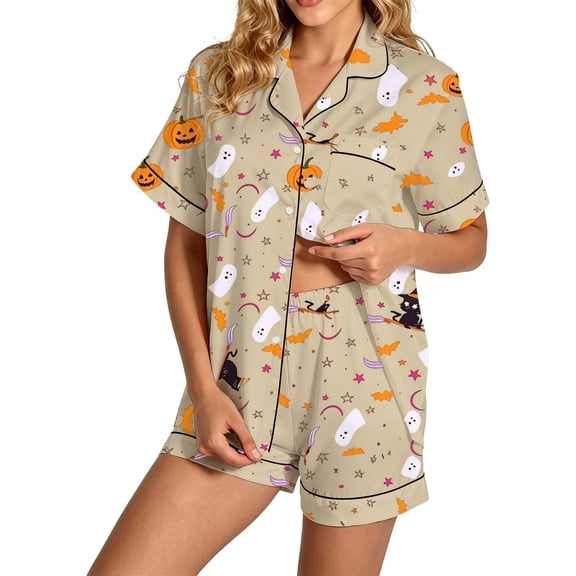 Summer Sales Womens Pajama Sets Satin Fall Pumpkin Print Short Sleeve Button Loungewear Halloween Pajama Sets for Women 2 Piece