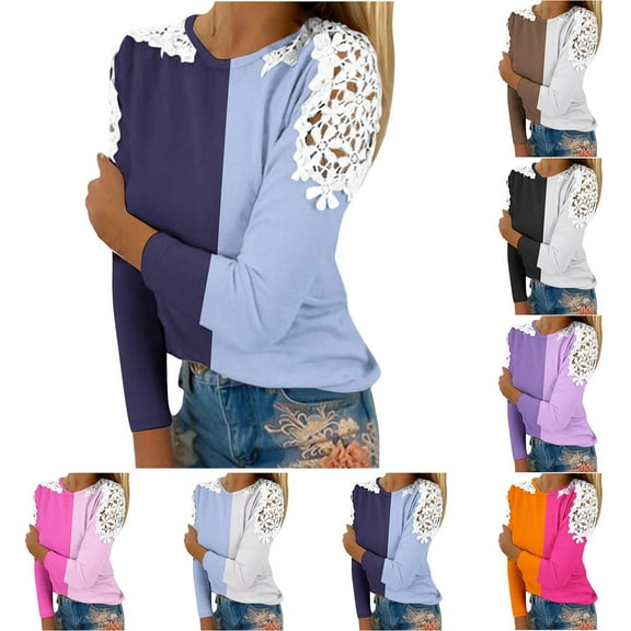 ATOYSOY Women's Loose Cold Shoulder Tops Fashion Crew Neck Sweatshirts Outwear Color Block Pullover Casual Shirts Lace Crochet Long Sleeve Tees Fall Winter Black L