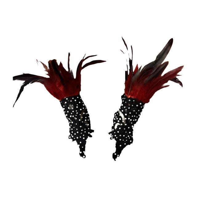 2 guantes góticos punk fáciles de llevar con correa ajustable y plumas artificiales portátiles. Rojo