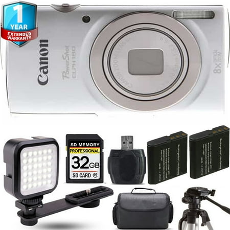 Canon PowerShot ELPH 180 Camera (Silver) + Extra Battery + LED +1 Yr Warranty