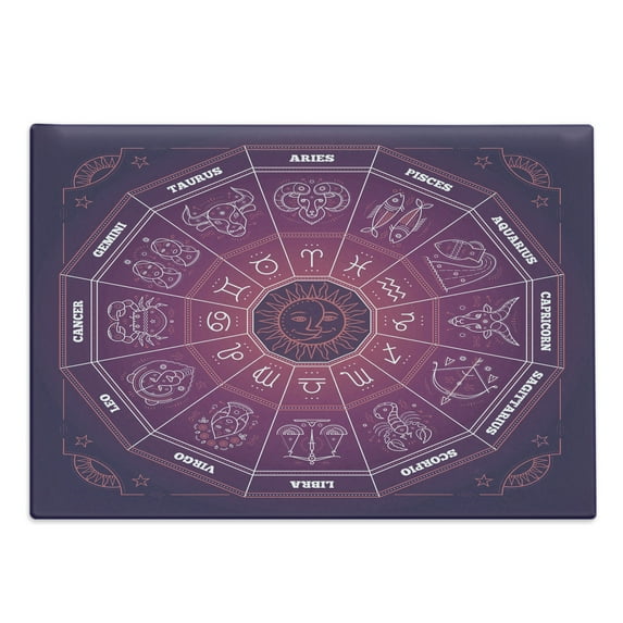 Zodiac Cutting Board, Colorful Circle Regarding the Position of Celestial Bodies Place of Birth Theme Design, Decorative Tempered Glass Cutting and Serving Board, Large Size, Purple, by Ambesonne