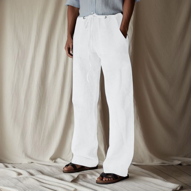 Men's Casual Pants - Mid Rise Solid Full-Length Everyday Trousers with Drawstring and Pockets for Comfort
