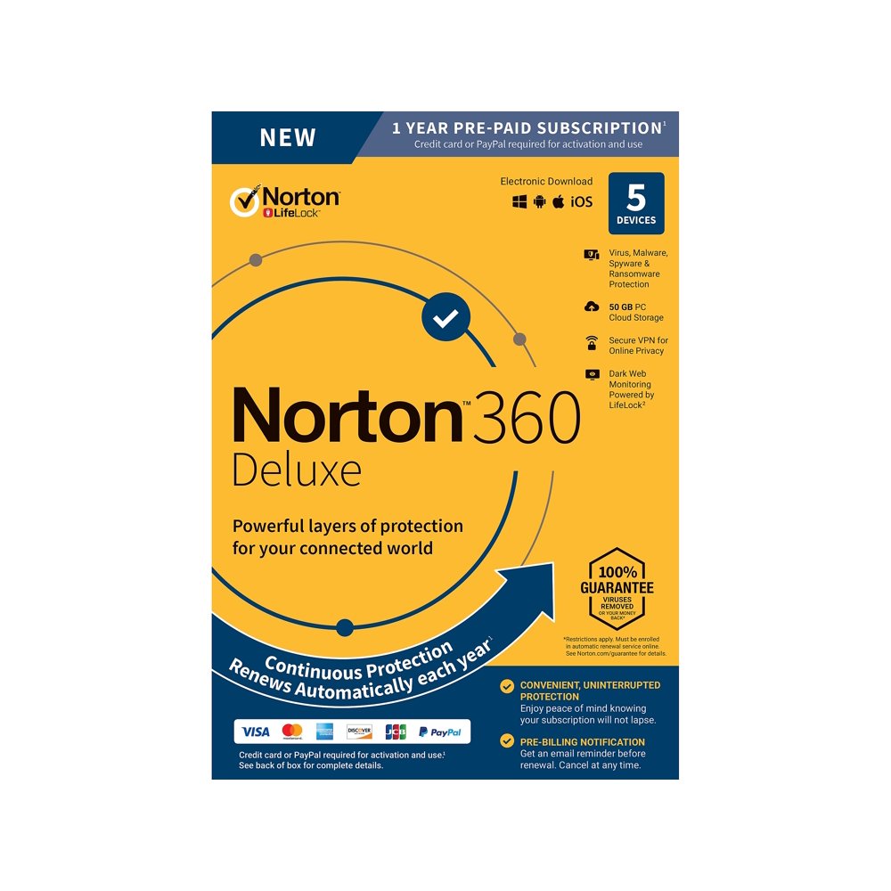 Norton 360 Deluxe Box pack (autorenewal) (1 year) 5 devices, 50 GB