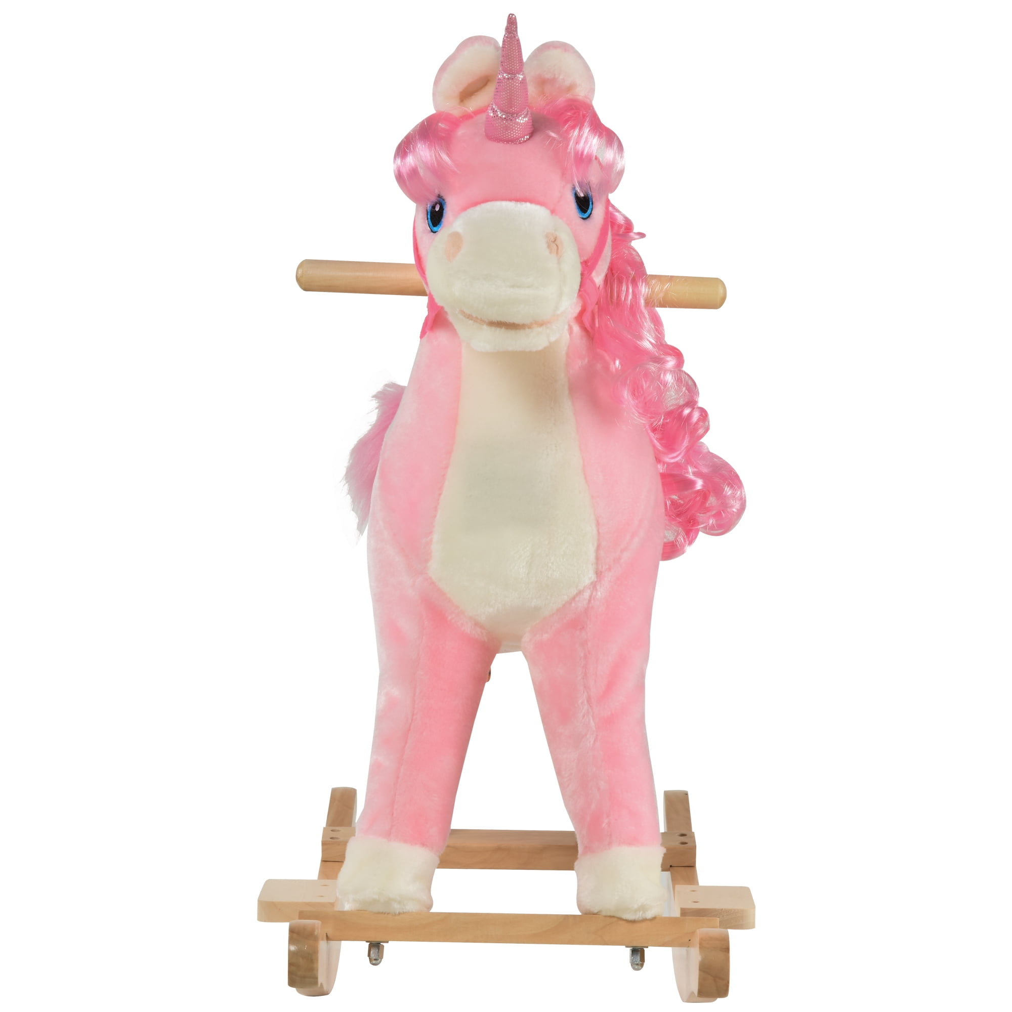 Bikes Qaba Rocking Horse, Ride on Horse Unicorn Design with Wooden Base, Tail Wag & Sounds for Toddlers 3-6 Years Old, Pink, Riding Toys