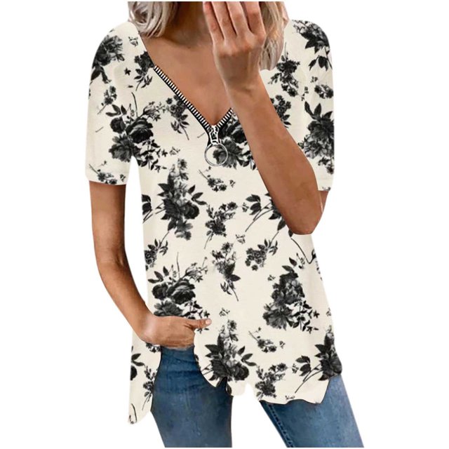 Camiseta suelta de manga corta con cuello en V informal con estampado de cremallera a la moda para mujer OAVQHLG3B Store lin121212