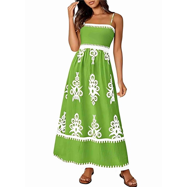 Vestido de Tirantes Finos con Estampado Floral y Bolsillos, Verde Talla S