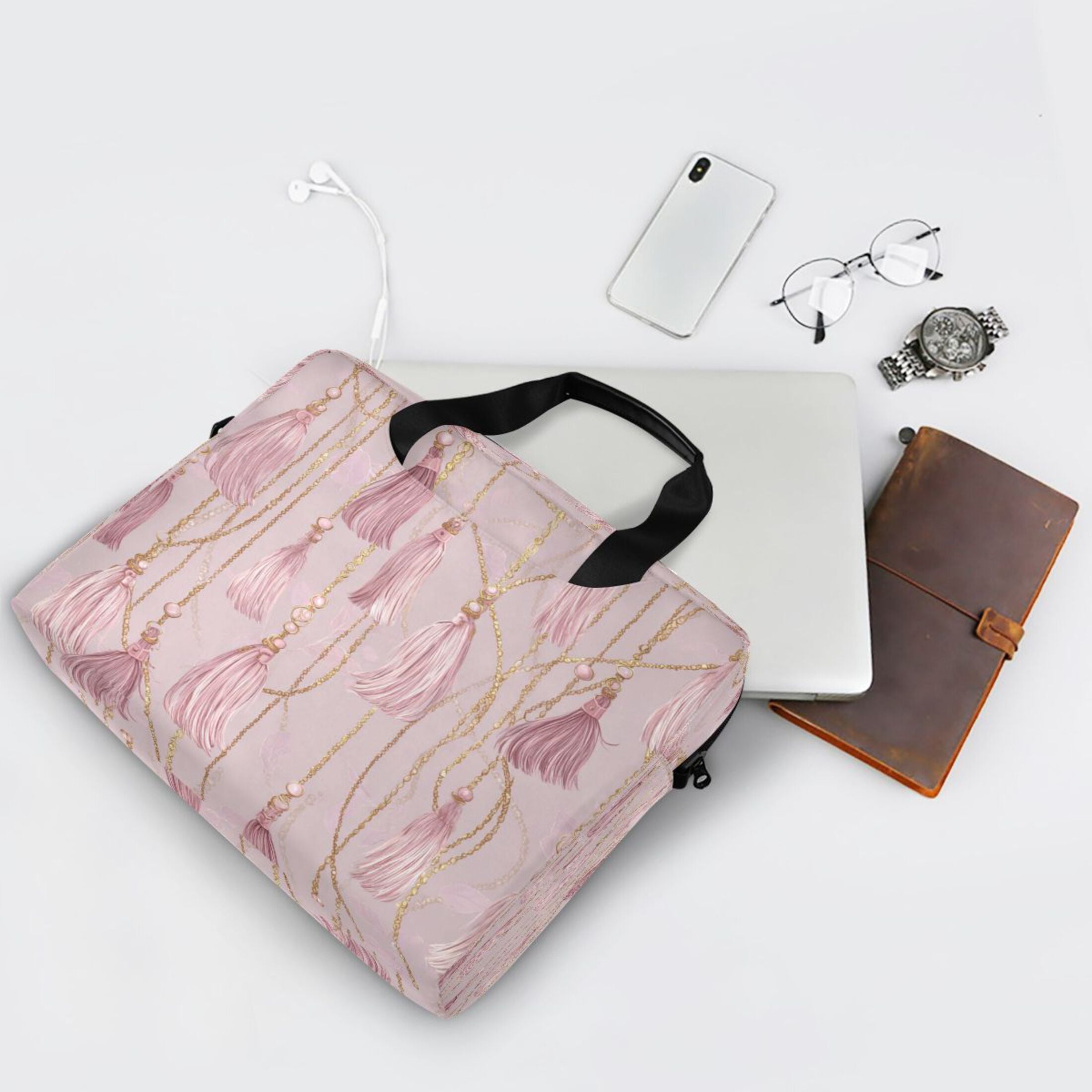 16" Laptop Tote Bag Laptop Sleeve Case Computer Briefcase for Work & Travel Light Pink Tassels