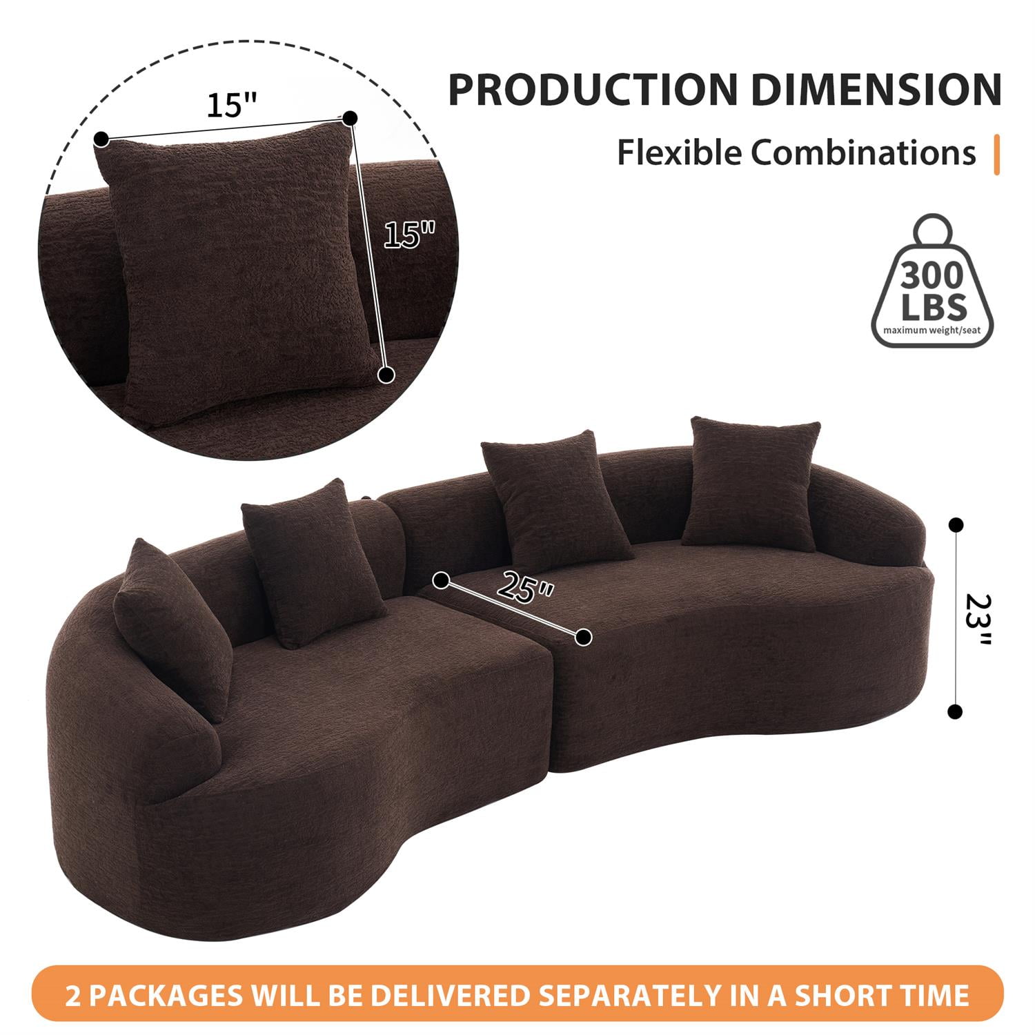 Demi Bonn 110"L Modular Sectional Sofa with Full Compression Sponge, Curved Design, High-Density Chenille Sleeper Couch for Living Room, 800 lbs Capacity, Brown