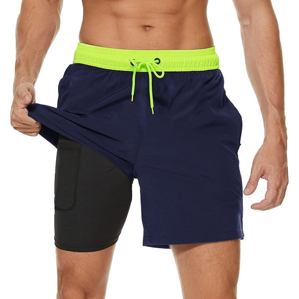 Bañador para hombre con forro de compresión 2 en 1 Bañador para hombre de secado rápido con bóxer Breve forrado para surf Pantalones cortos de playa elásticos con bolsillos con cremallera Qx