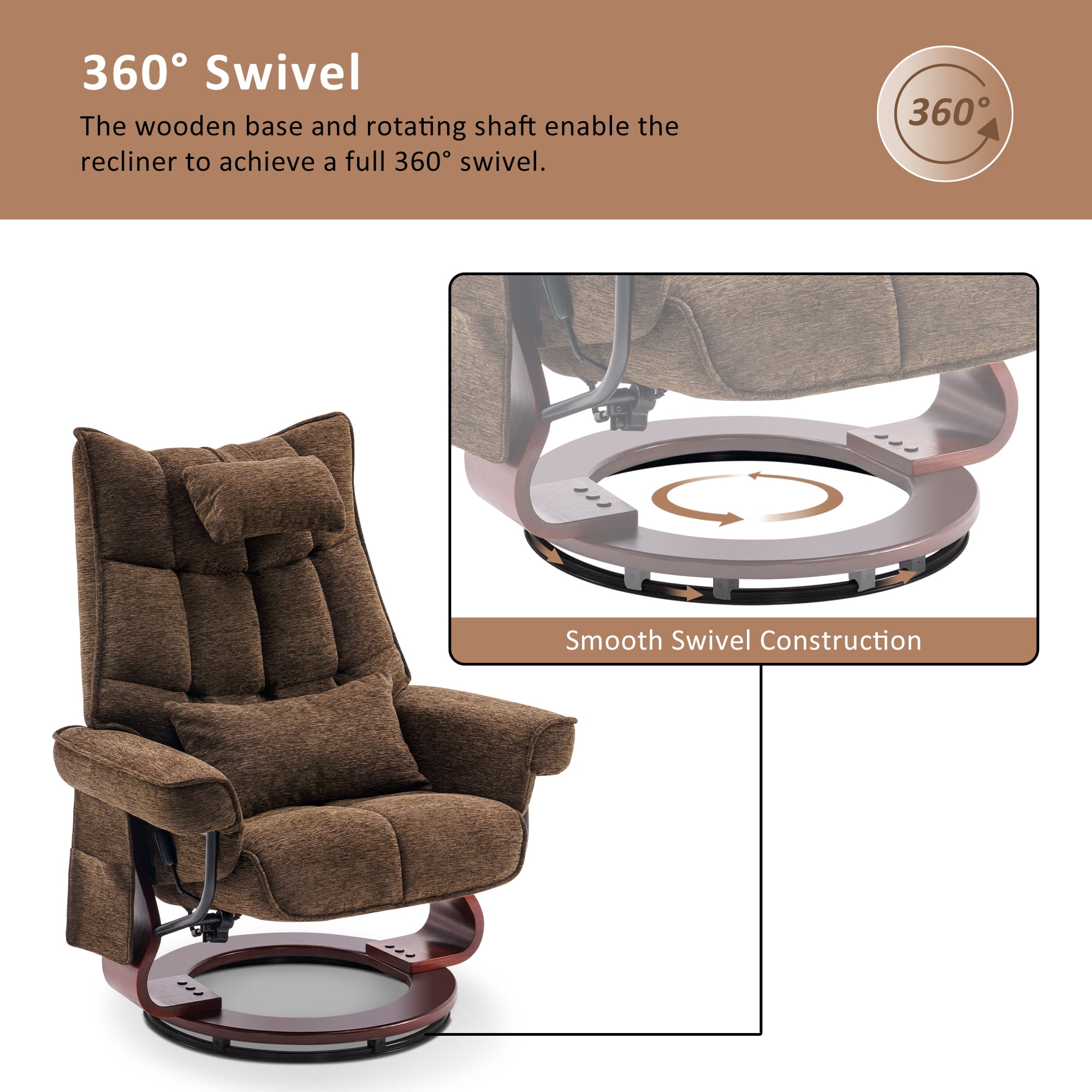 Mcombo Swivel Recliner with Ottoman, Massage TV Chairs with Neck Pillow and Side Pocket for Living Reading Room, Chenille Fabric 4188