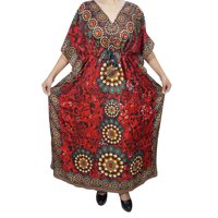 Mogul Womens Kimono Caftan Dress Red Printed Swimsuit Beach Wear Bikini Cover Up Resort Wear Nightgown XXXL