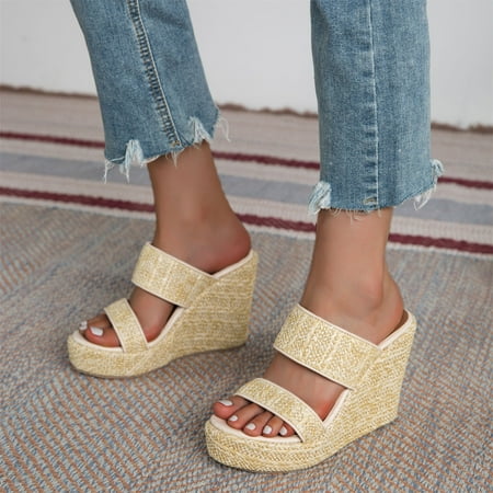 

Fanxing Chunky Wedges for Women 2023 Fashion Open Toe Slip On Sandals Braided Two Straps Bohemia Sandal Espadrilles for Women
