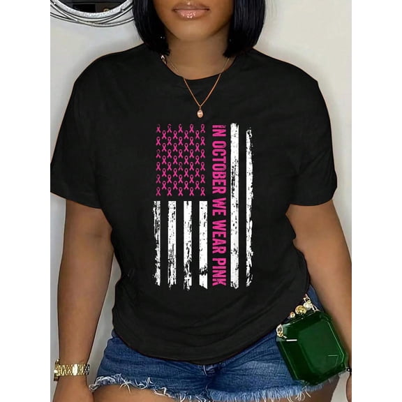 100% Cotton in October We Wear Pink Shirt Pink Ribbon Flag Breast Cancer T-Shirt Women's Graphic Tee Casual Tops