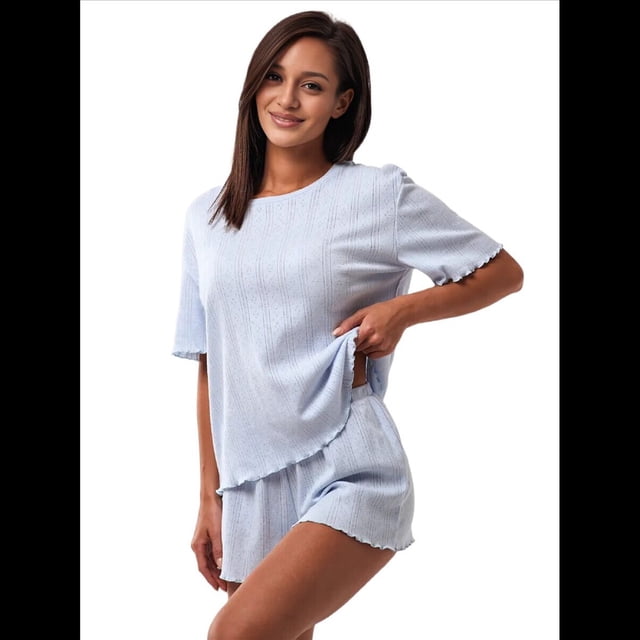 Conjunto de Pijama Informal Holgado con Ribete de Encaje para Mujer, 2 Piezas, Camiseta de Corta con Cuello Redondo y Pantalones Cortos, Azul Talla S