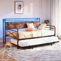 Zimtown Twin Size Wooden Headboard Daybed, Sturdy Metal Sofa Bed Frame with Trundle and Charging Station, Daybed with LED for Guest Room, Brown