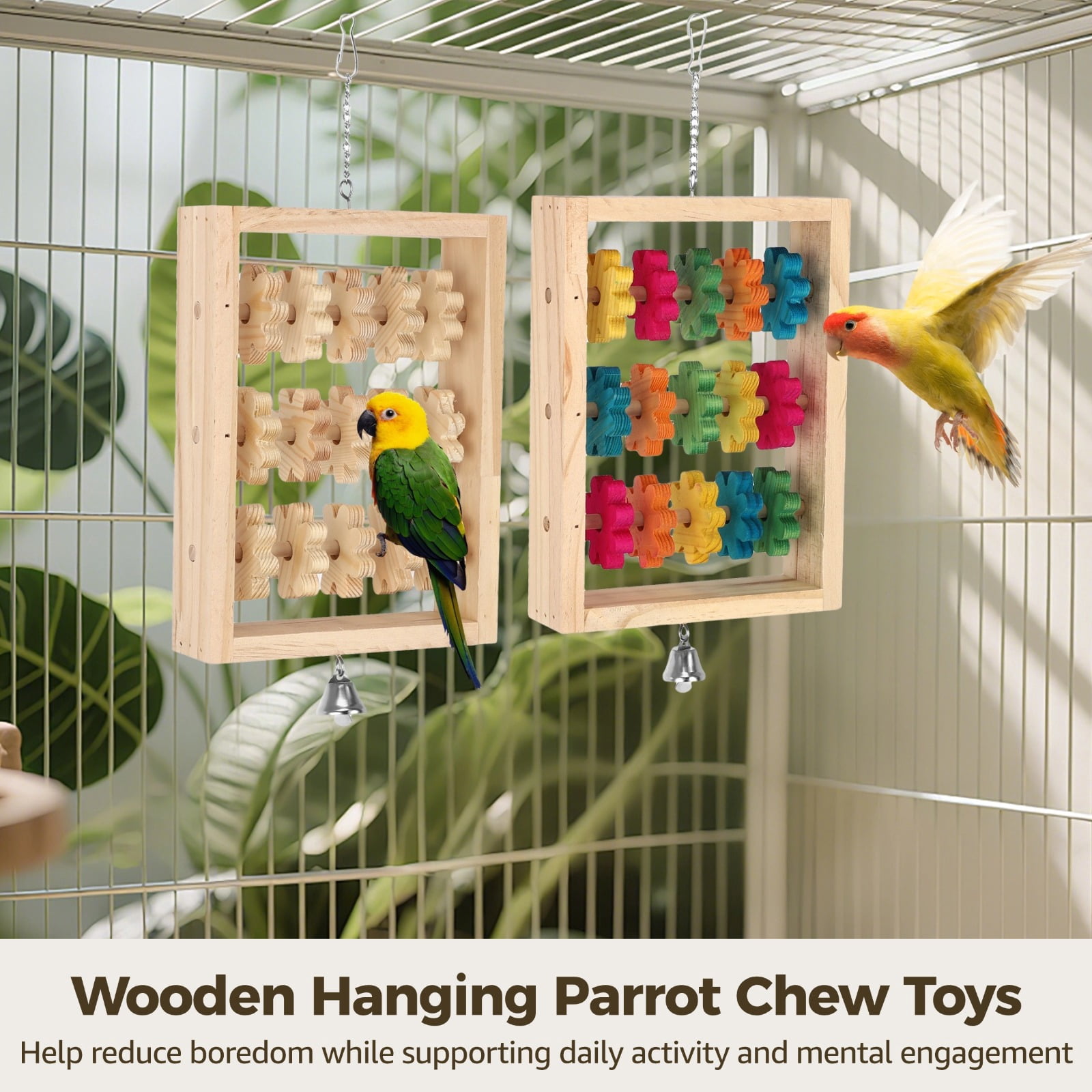 2 PCS Wooden Bird Toys, Colorful Hanging Parrot Chew Puzzle with Rotating Blocks and Bell, Natural Wood Enrichment Training Toy for Budgie Conure Lovebird Cockatoo African Grey Macaw