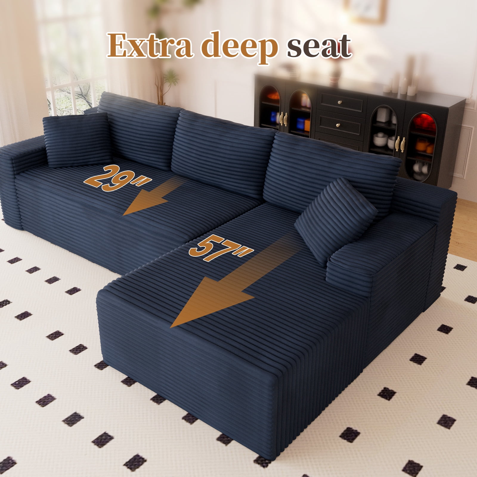 Lunale 105" Modular L-Shaped Sectional Sofa, Boneless Cloud Couch, No Assembly Required, Modern Deep Seat Corduroy Sofa for Living Room, Blue (Right Facing Chaise)