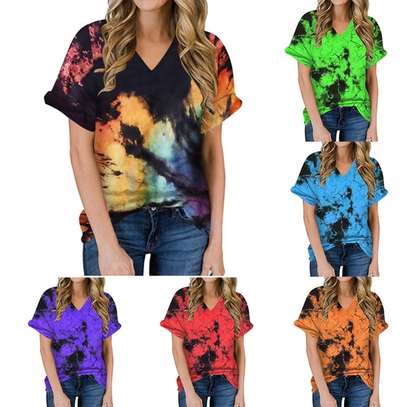 HAPIMO Sales Womens Summer Tops Crewneck Tee Shirt Tie Dye Graphic Print Teen Grils Fashion Clothes Short Sleeve Casual Comfy Pullover Tops Shirts for Women Black M