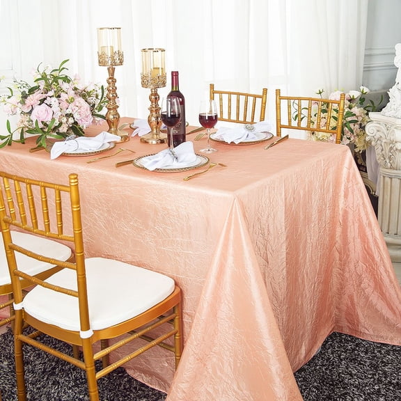 Wedding Linens Inc. 90"x132" Rectangular Seamless Crushed Crinkle Taffeta Tablecloth - Apricot / Peach