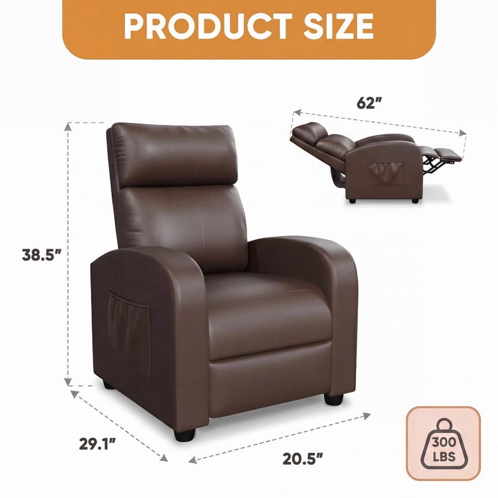 Vineego Massage Recliner Chair Small Places Single Sofa Adjustable Home Theater Seating with Side Pockets for Living Room,PU Brown