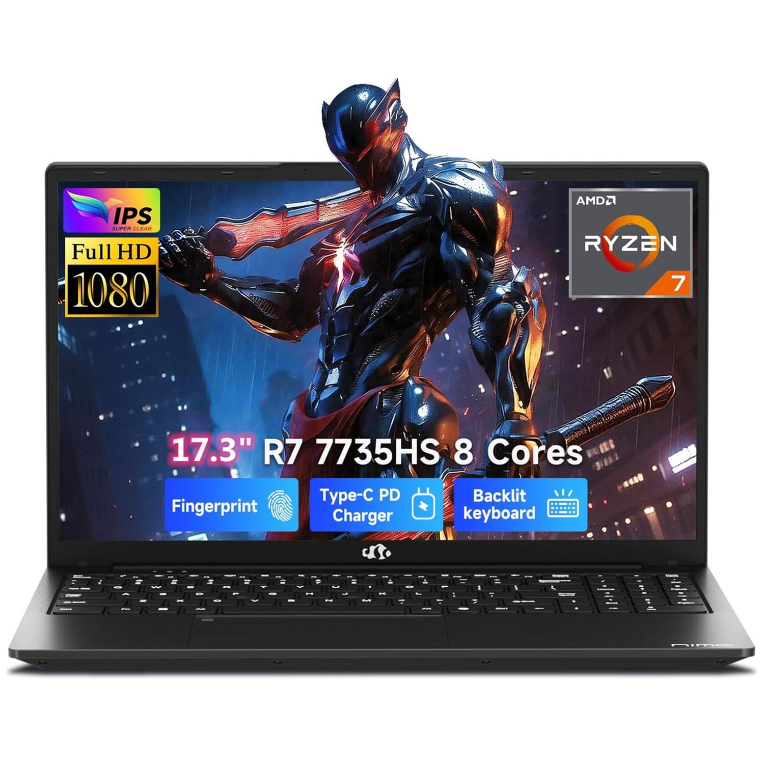 17.3" Gaming Laptop 2026 NEW, AMD Ryzen 7 7735HS (Boost 4.75GHz), 16GB DDR5 RAM, 256GB SSD, AMD Radeon 680M, 1080P FHD Display, Backlit Keyboard, 100W PD Fast Charge, 2X Full-Function USB-C, Black