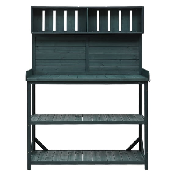 65" Rustic Farmhouse Wooden Outdoor Potting Bench, Patio Garden Workstation with 4 Storage Shelves & Side Hooks, Forest Green