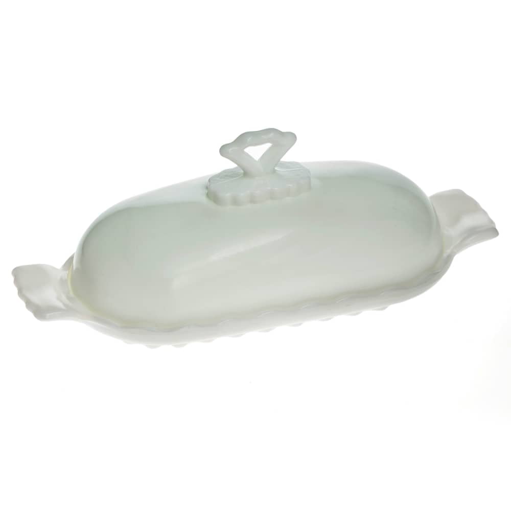Mosser Glass Old Fashioned Decorative Stick Butter Dish 2 Piece White