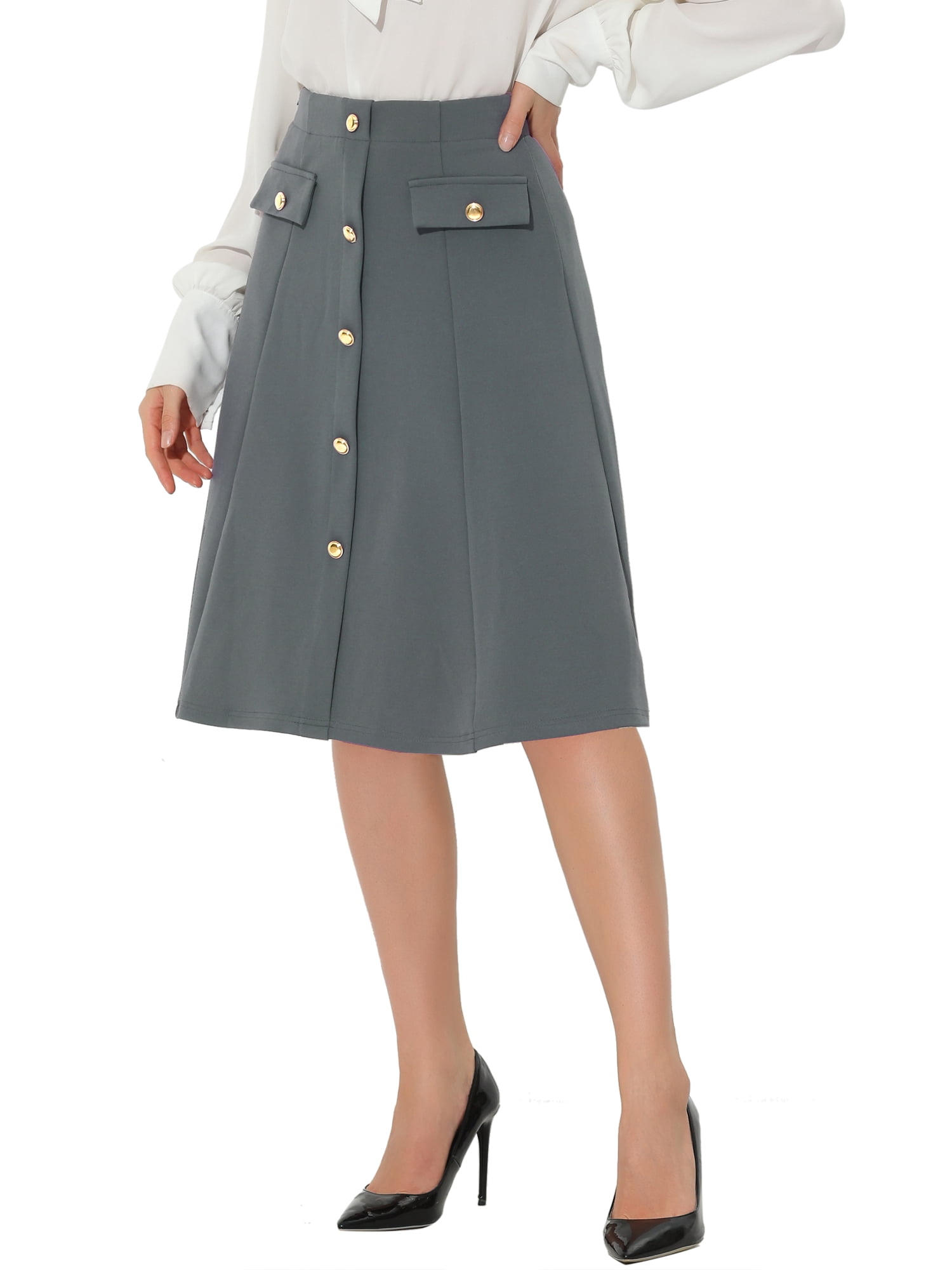 DARING DIVA Women's A-Line Button Front Formal Knee Length Skirt L Gray