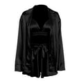 thumbnail image 2 of Honeeladyy Womens 3 Piece Pajamas Set,Ladies Lightweight Loose Sleepwear Set with Button Long Sleeve Outer Robe Sleeveless Camisole and Drawstring Shorts Black M, 2 of 3