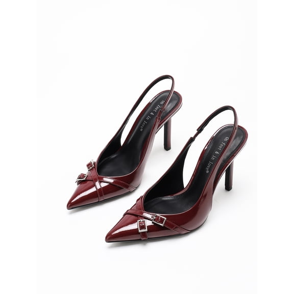 Burgundy Patent Leather Slingback High Heels for Women, Pointed Toe Double Metal Buckle Stiletto Pumps, Elegant Formal Dress Shoes for Wedding Party Work