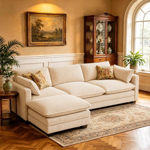 110.2" Cloud Couch Sectional, Lofka Modern Modular Sofa with Deep Seat, Upholstered Living Room Furniture Set with Movable Ottoman and 2 Throw Pillows, Beige Couch