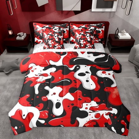 Feelyou Teens Camouflage Twin Bedding Sets 7-Piece Black Red Camo Bedding Comforter Set Chic Artwork Abstract Reversible Sheet Sets Luxury Bedroom Decor