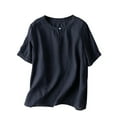 thumbnail image 2 of Htigea Linen Shirts for Women,Short Sleeve Blouse for Women Cotton Linen Tops Summer Crew Neck Casual Shirts Navy,M, 2 of 3