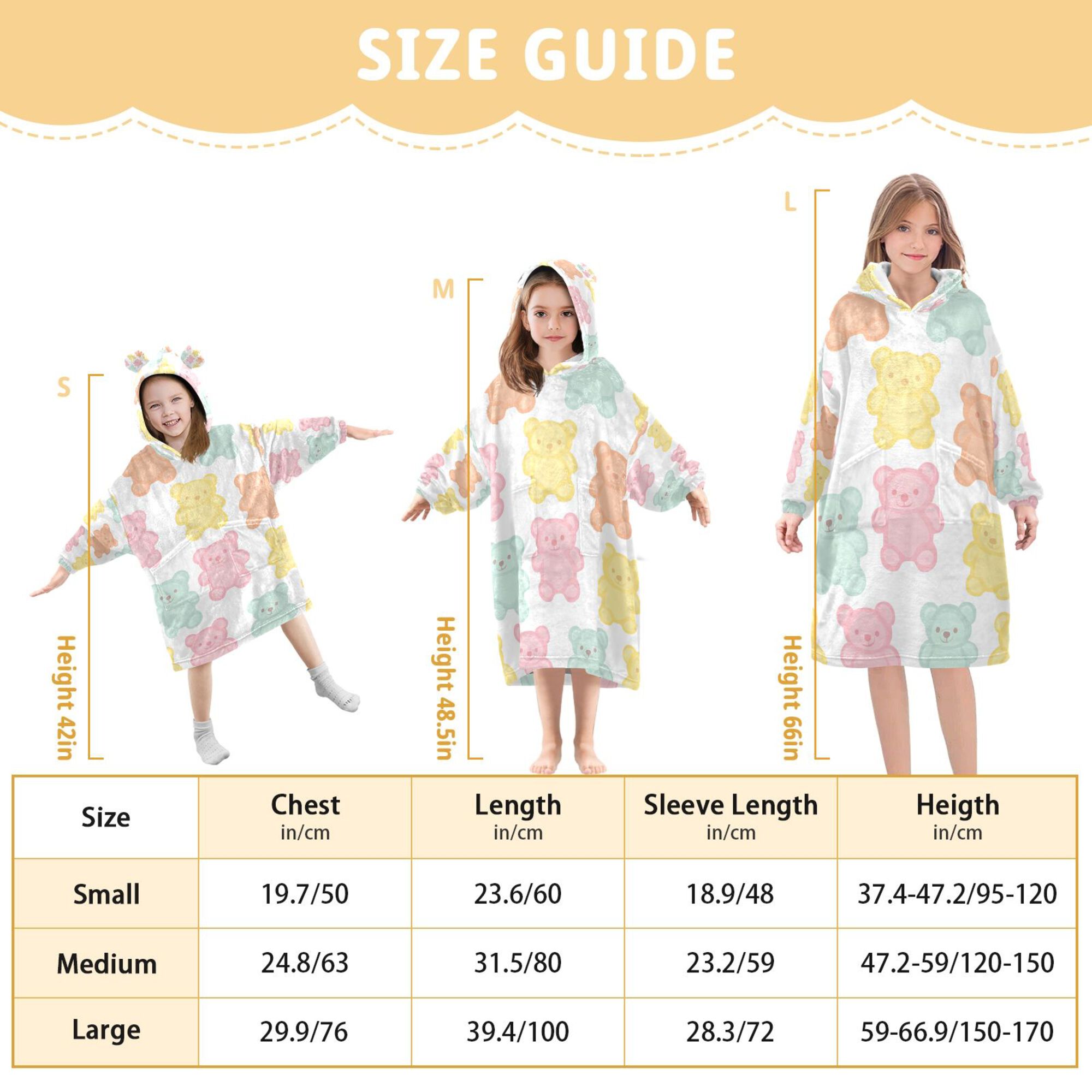 FORMRS Wearable Blanket Hoodie with Sleeves for Kids Cozy Flannel Sweatshirt, Cute Gummy Bears Pattern