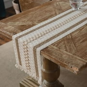 13 x 55 inch Farmhouse Style Cotton Linen Table Runner with Handmade Fringed, Rustic Jute Burlap Table Runners 55 Inches Long for Dining Room, Dresser Decor