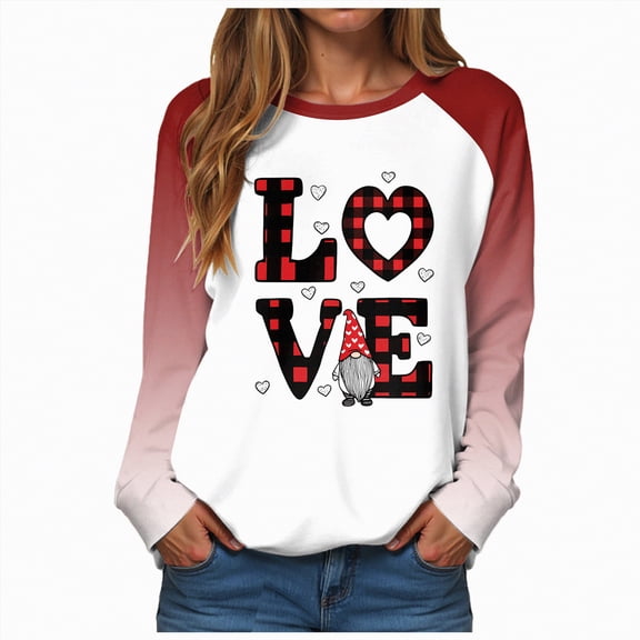 HCNTES Womens Girls Valentines Day Long Sleeve Love Heart Print Top Sweatshirt Spring Casual Round Neck T-Shirt Fashion Comfortable Leisure Pullover(A-Watermelon Red,2XL)