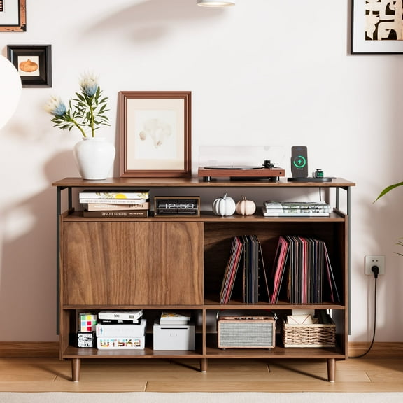 Record Player Stand with Charging Station Table with Vinyl Record Storage, Mid Century Large Turntable Stand End Table for Living Room Bedroom