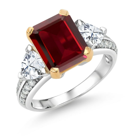 Gem Stone King 925 Sterling Silver and 10k Yellow Gold Red Garnet and White Moissanite 3 Stone Engagement Ring for Women (5.03 Cttw, Emerald Cut Cut 10X8MM, Size 8)