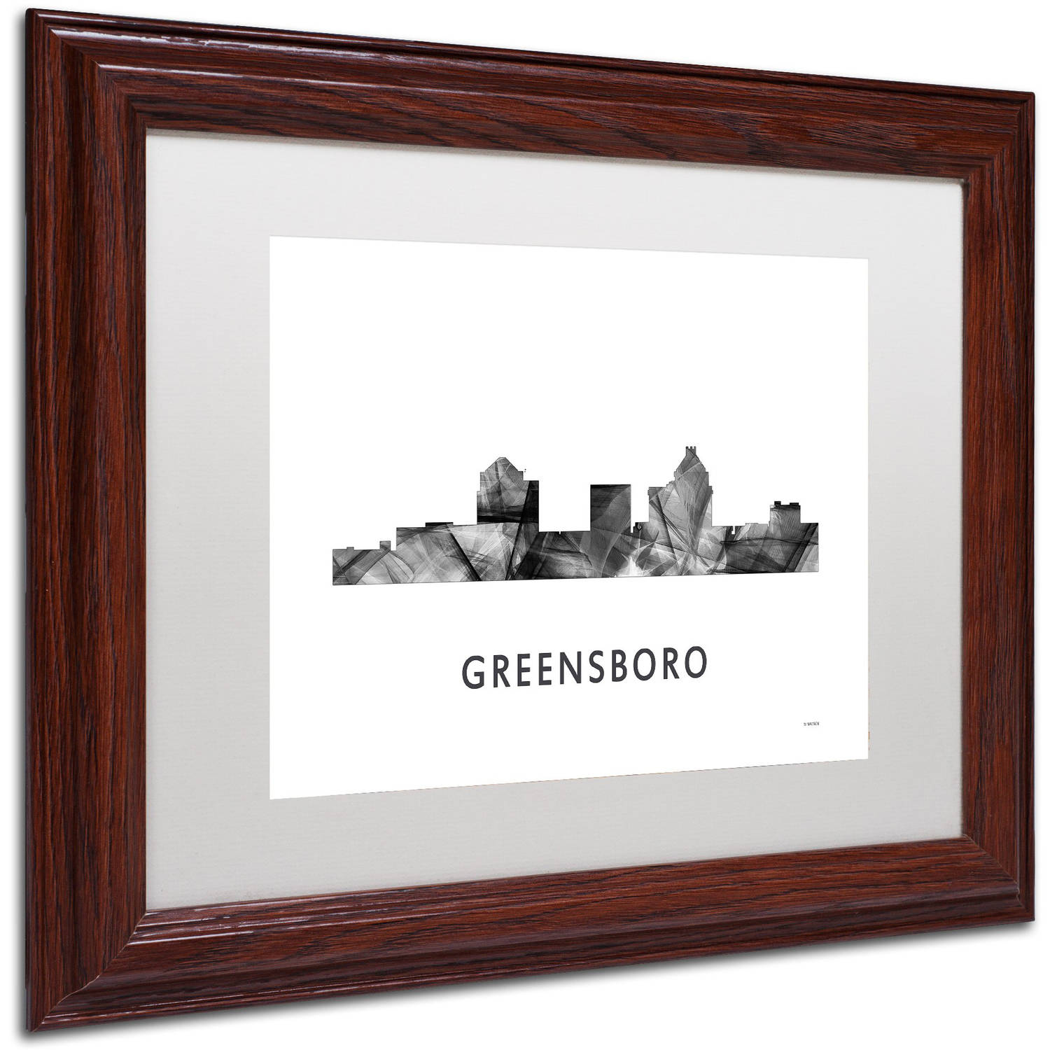 Trademark Fine Art 'Greensboro NC Skyline WB-BW' Canvas Art by Marlene Watson, White Matte, Wood Frame