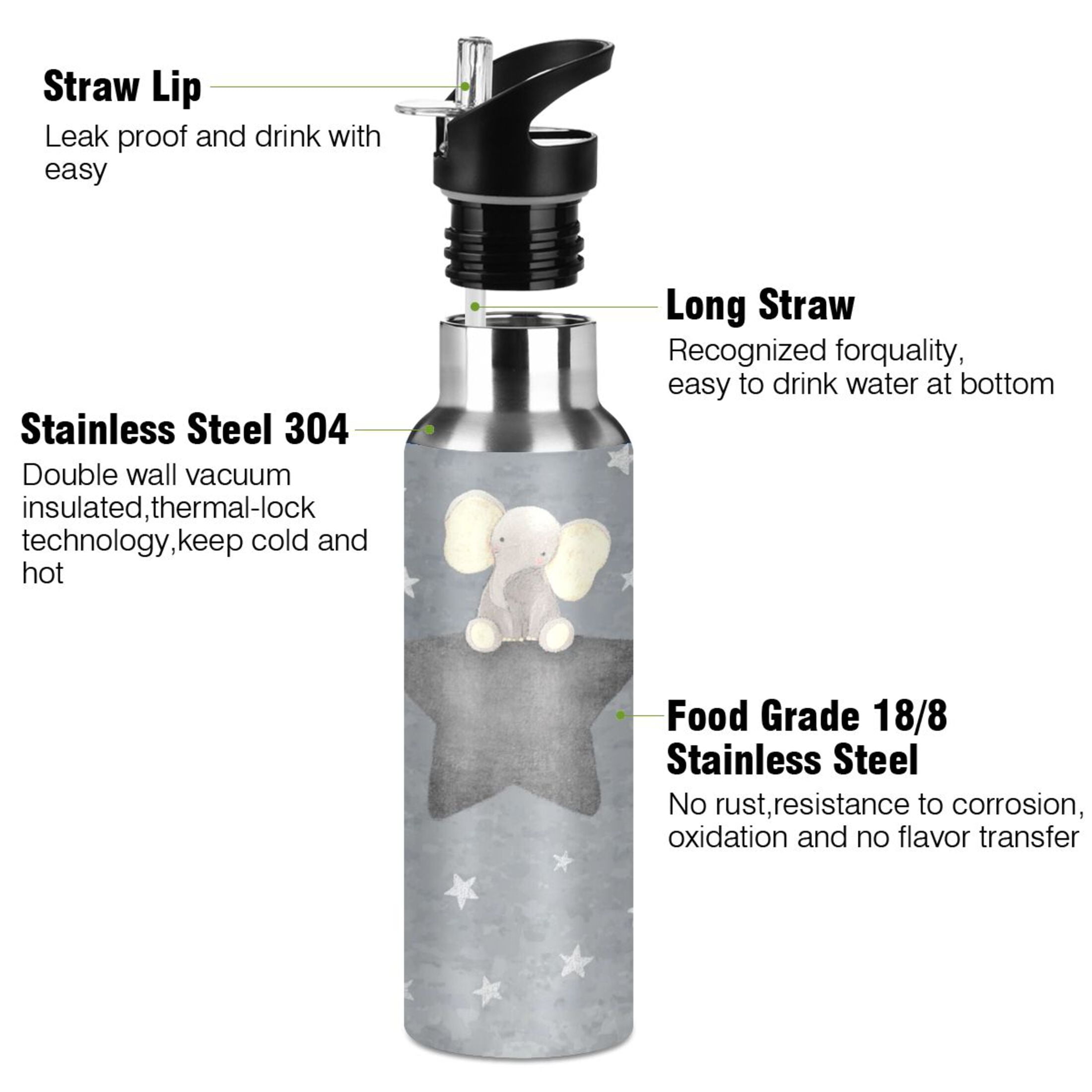 Iauyy Stainless Steel Double-Wall Vacuum Insulated Water Bottle with Straw-600ml&1000ml BPA-Free Leak-Proof for Travel Workouts Outdoor,Small and Grey