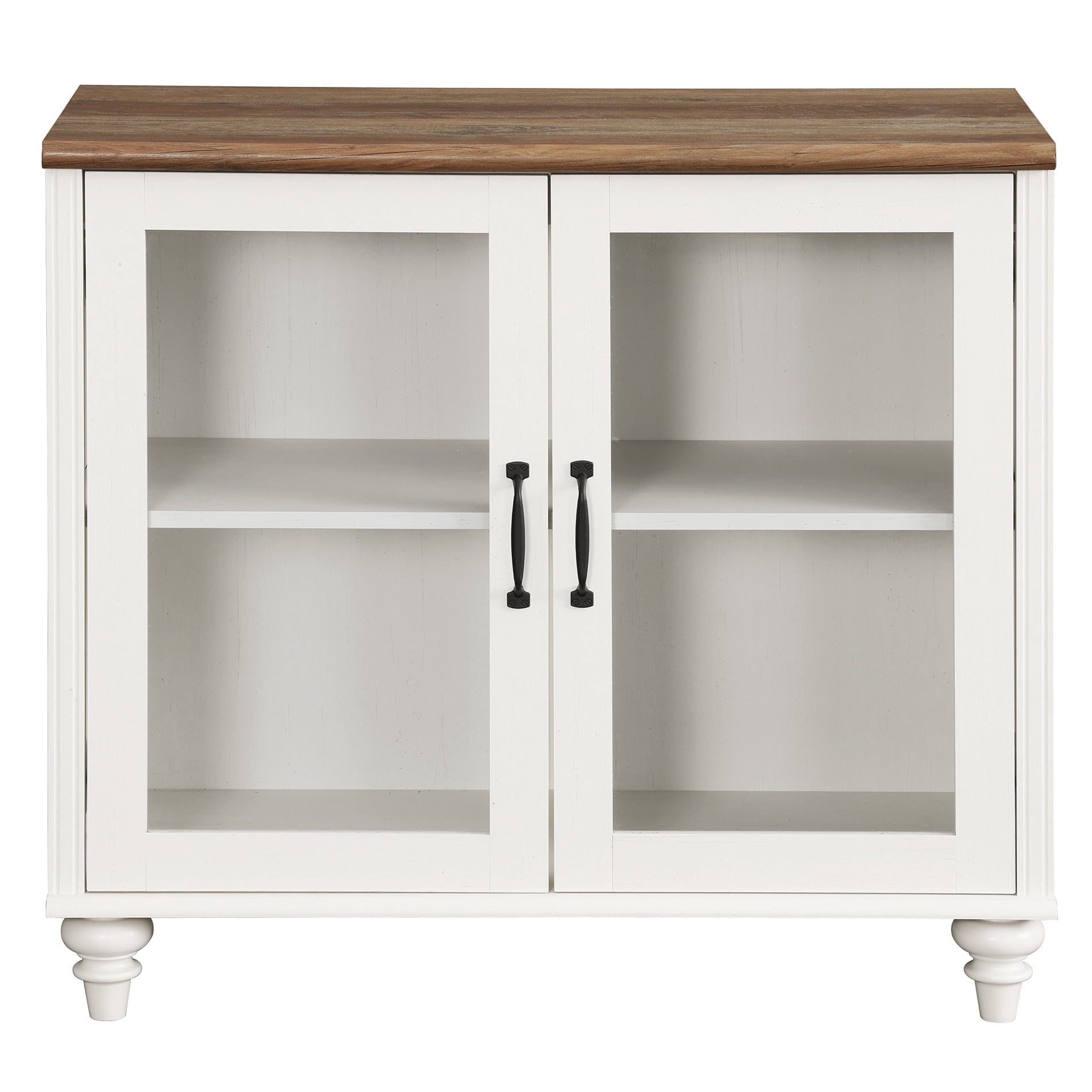 Sideboard Buffet Cabinet with Glass Door, Curved Edge Kitchen Storage Cabinet, Vintage Gourd Leg Wood Coffee Bar Table, Accent Table for Dining Room & Living Room, Off White