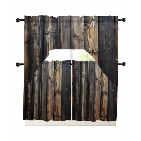 Black Brown Plank Kitchen Curtains Swag Valance and Tier Curtains Set 36 Inch Length, Vintage Chic Wooden Grain Rod Pocket Drape Panels Pair Swag Curtain for Bathroom/Cafe/Window