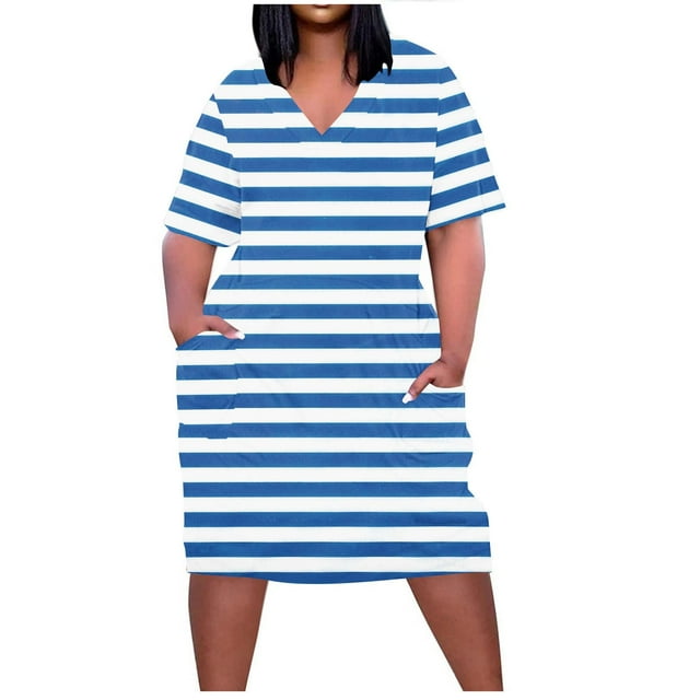 Pisexur Robes d'Été pour Femmes Mode à Imprimé Floral Robe Soleil Décontractée Ample à Col en V à Manches Courtes Robes T-Shirt Fluides Surdimensionnées Robe de Plage avec Poches Grande Taille Robe Mi-Mollet L-5TG