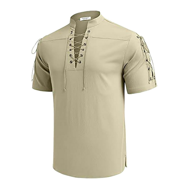beige polo shirts for men men's v neck vintage lace up tie short