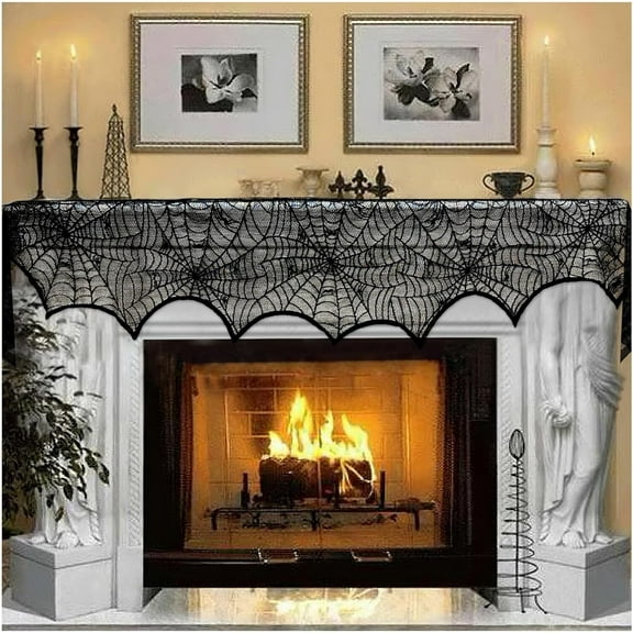 Halloween Decoration Black Lace Spiderweb Fireplace Mantle Scarf Cover Festive Party Supplies 18 x 96 inch