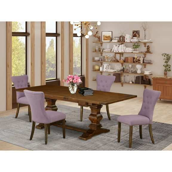 HomeStock Seaside Style Dining Table Set With Brown Oak Finish ChairS Legs And Brown Green Linen Fabric Chairs Set Of Four