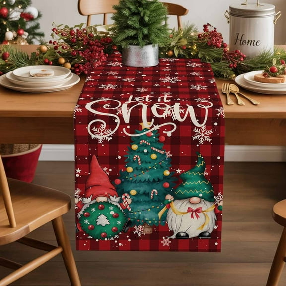 Burlap Table Runner 36 Inches Long,Christmas Tree Gnomes Non-Slip Kitchen Table Runners for Dining Room Everyday Use Party Table Decorations Red Plaid Snowflake