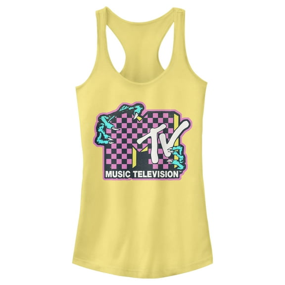 Junior's MTV Checker Dragon Logo Racerback Tank Top Banana Medium