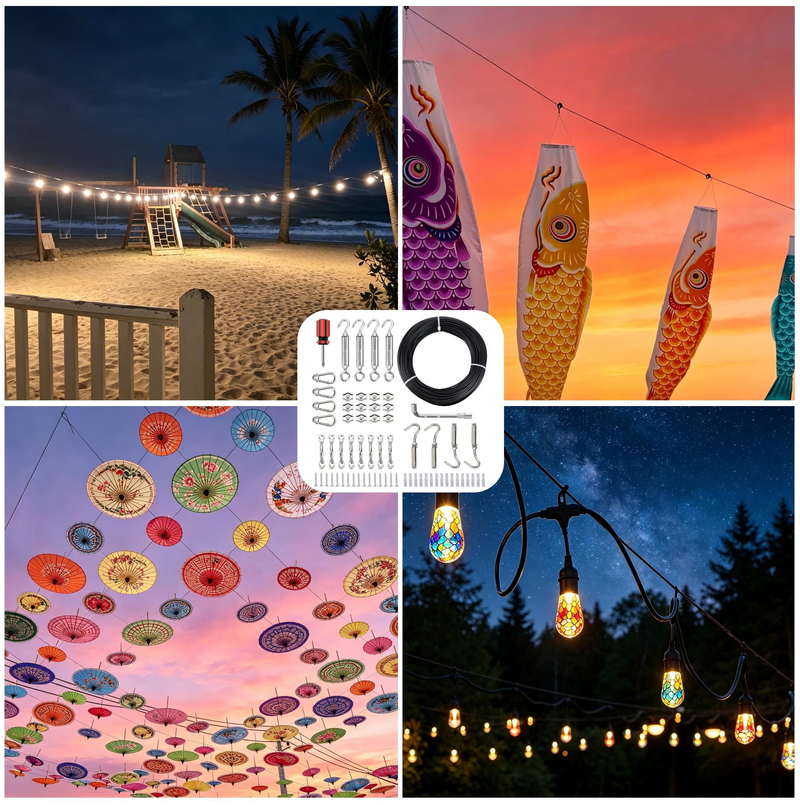 HT Globe String Light Hanging Kit with 170 Feet Cable Guide Wire