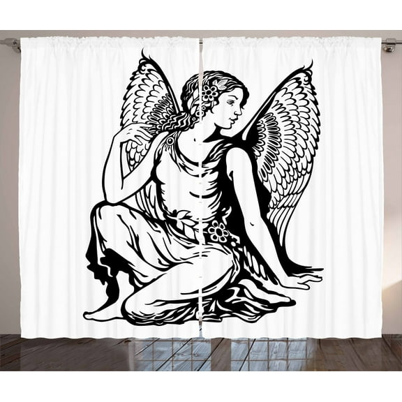 Ambesonne Fantasy World Curtains 2 Panel Set, Character with Wings, 108" x 90", White and Black